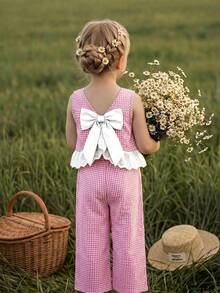 Emery Rose Kids Emery Rose Kids 女童格紋蝴蝶結裝飾荷葉邊背心上衣與長褲套裝 - 淺粉色 - 查看 3