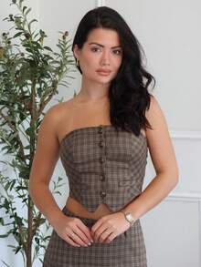 Nelanie Turli Ladies" Summer Buttoned Asymmetric Hem Plaid Bustier Top And Pleated Skirt Set In A College Style Elegant - Multicolor - View 1