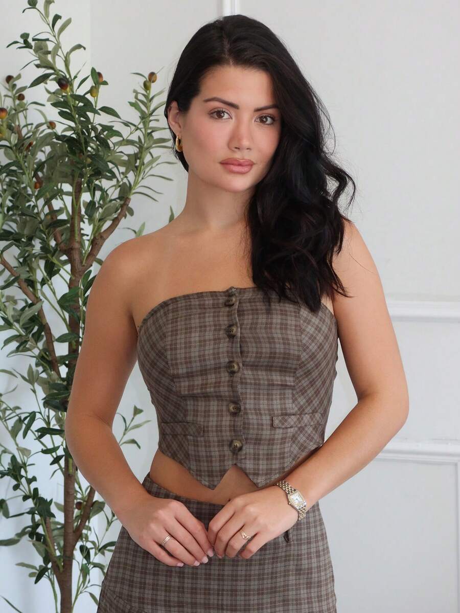 Nelanie Turli Ladies" Summer Buttoned Asymmetric Hem Plaid Bustier Top And Pleated Skirt Set In A College Style Elegant - Multicolor - View 1