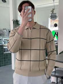 DAZY 男士長袖 Polo 領針織上衣，卡其色與黑色裝飾條紋，春秋款 - 卡其色 - 查看 4