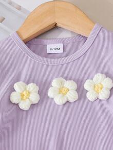 SHEIN Vintaside Kids 2件組少女紋理上衣搭配3D花朵裝飾與休閒長褲，適合日常休閒穿著 - 紫色 - 查看 6