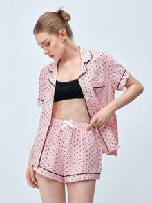 Softvol 2pcs Comfortable Mini Dot Print Pajama Set, Short Sleeve Collared Top With Pocket And Bow Shorts, Women Sleepwear Homewear For All Seasons - Pink - View 7