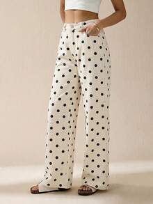 SHEIN Tall 女款波點圖案口袋寬腿寬鬆休閒牛仔褲 - 白色 - 查看 3