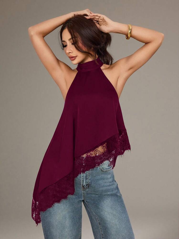SHEIN PETITE 不對稱高領掛脖上衣，蕾絲飾邊，適合晚宴派對雞尾酒會 - 中紫紅色 - 查看 3
