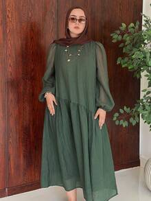 Solavon Plus Size Women's Green Pleated Casual Everyday Summer Dress Fall - Army Green - View 1