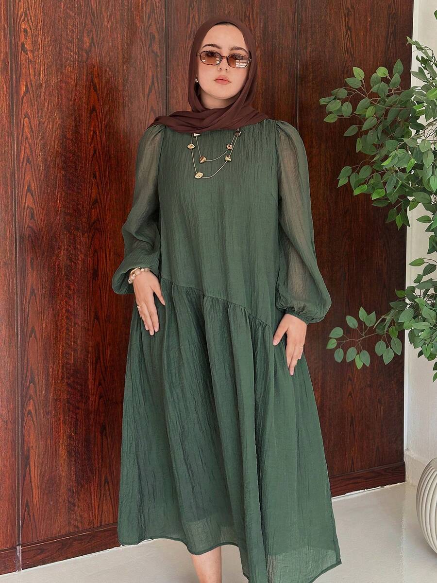 Solavon Plus Size Women's Green Pleated Casual Everyday Summer Dress Fall - Army Green - View 1