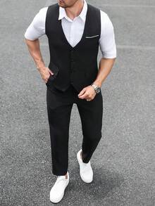 Manfinity Nomadique 男士純色休閒商務西裝套裝，商務正式西裝含背心與長褲，口袋設計與腰帶設計，適合日常通勤、輕鬆工作環境或半正式場合，也是送給男友與丈夫的理想禮物 - 黑色 - 查看 5