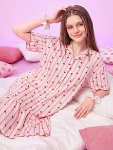 Notgurli Women's Heart Stripe Print Cardigan Short Sleeve Nightgown - Multicolor - View 4