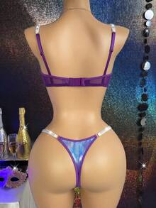 MidnightGlam Sweet Rhinestone Bow Patchwork Shiny Coated Fabric Hollow Underwire Push-Up Women's Lingerie Set 2pcs - Purple - View 2