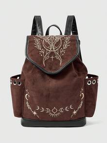 ROMWE Grunge Punk Tas Ransel Bordir Penyihir Gotik dengan Ekstrak Tanaman Pakis Ulat Bulan, Tas Sekolah Berumbai Tali Serut Suede - coklat tua - View 1