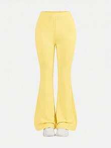 SHEIN Girlism NovaGlow 青少女運動休閒日常針織素色開襟外套與喇叭褲套裝 - 黃色 - 查看 7