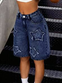 SHEIN Teen Girl Five-Point Star Frayed Patch Pocket Bermuda Denim Shorts - Dark Wash - View 3