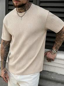 Manfinity CasualCool Men's Plus Size Apricot Textured Pleated Mature T-Shirt, Spring/Summer - Apricot - View 4