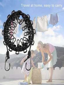 1Pc Portable Elastic Travel Clothesline With 12 Laundry Clips, Adjustable Retractable Windproof Clothes Drying Rope, Multi-Purpose Hanging Line For Indoor Outdoor Camping Trip Laundry Drying - Black - View 6