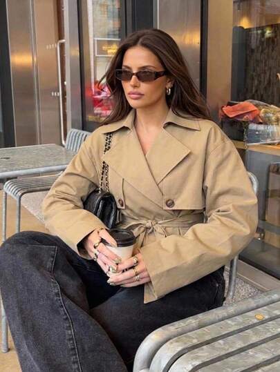Aloruh Autumn/Winter Versatile Khaki Cinched Waist Short Trench Coat Jacket For Women, Early Fall Outfits