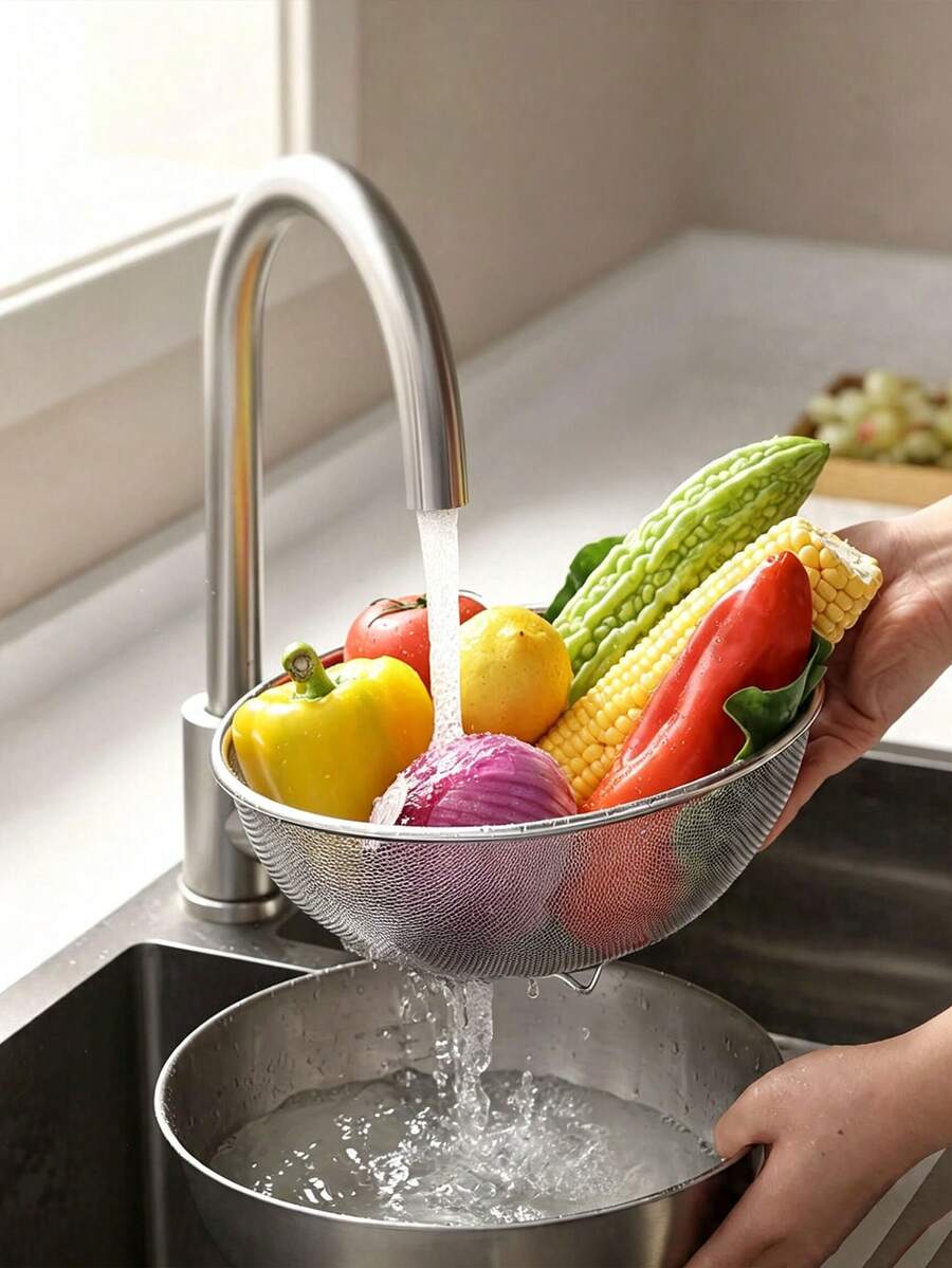 Haus Hana 1 قطعة من الفولاذ المقاوم للصدأ 304 منخل غسيل الأرز، سلة تصريف مزدوجة الطبقة، مصفاة مطبخ منزلية لتنظيف الأرز والفواكه والخضروات - متعدد الألوان - مشاهدة 1