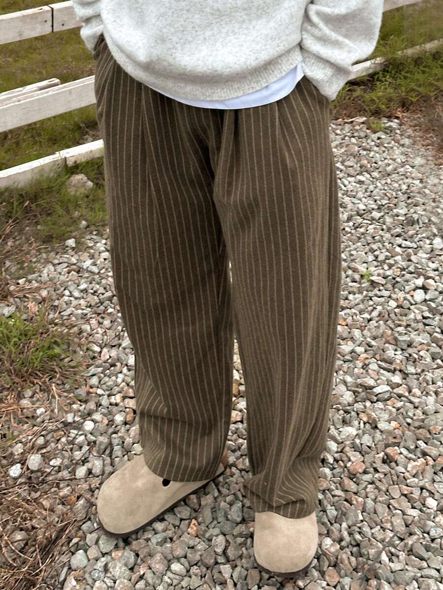 DAZY Pantalones rectos casuales con cordón en la cintura y rayas para hombres, para el otoño, vacaciones de otoño - Beis - Ver 1