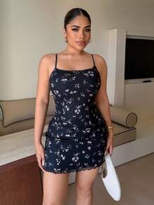 Maria Perezxox 碎花印花荷葉邊細肩帶洋裝，適合夏季出遊、度假與派對，優雅風格 - 黑色 - 查看 5
