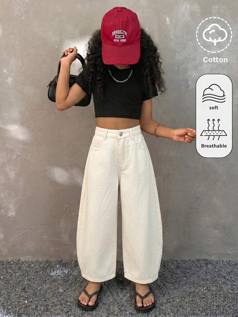 SHEIN 青少年女孩杏色寬鬆寬腿弧形下擺牛仔褲 秋冬萬聖節 Y2K 畢業返校穿搭 - 杏色 - 查看 1