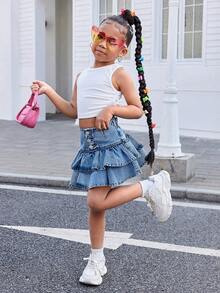 SHEIN Girlism 青少年女孩鈕扣百褶休閒百搭牛仔迷你裙，適合日常外出、秋冬、萬聖節、Y2K風格、畢業季與開學季 - 藍色 - 查看 3