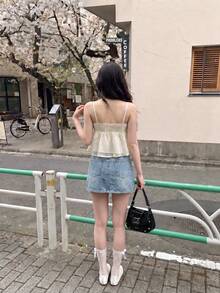 SHEIN MOD Màu be kem Organza Ruy băng thêu lưới kết cấu dây đeo nơ yếm dành cho nữ - Màu be - Xem 4