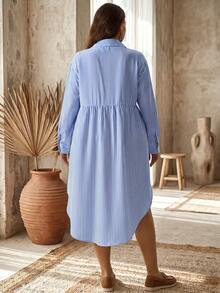 EMERY ROSE Plus Size Women's Light Blue Drop Shoulder Long Sleeve Button Front Loose Shirt Dress Casual Going Out Vacation Formal Hawaii Elegant Autumn - Multicolor - View 3