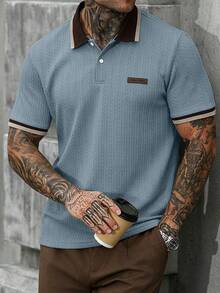 Manfinity CasualCool 男士拼色短袖休閒通勤 Polo 衫 - 藍色 - 查看 5