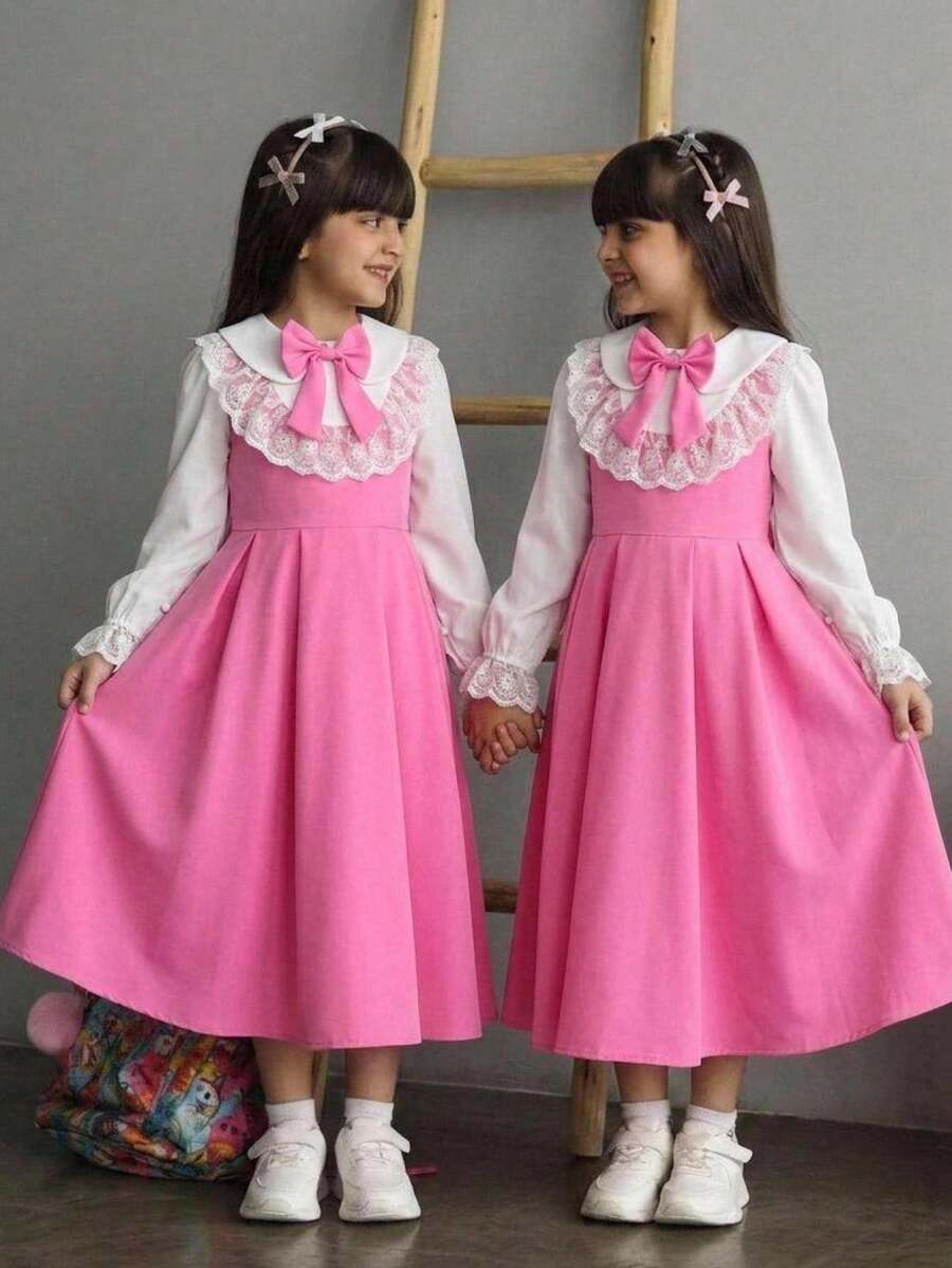 Tween Girl Back To School Outfit Pink & White Patchwork Long Sleeve 3D Bow Decor Lapel Open Front Dr - Pink - View 1
