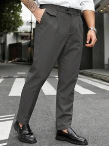 Manfinity Mode Men's Plus Size Solid Color Straight Leg Business Travel Dress Pants With Pockets - Dark Grey - View 3
