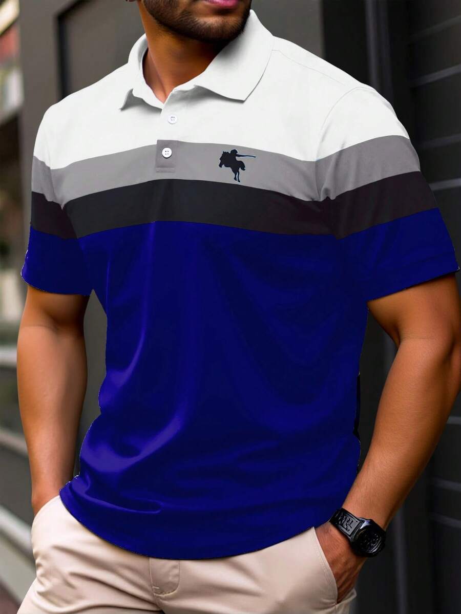 Manfinity Homme 男士大尺碼騎士條紋印花短袖休閒 Polo 衫 - 寶藍色 - 查看 1