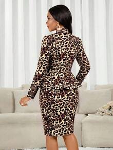 SHEIN Lady 女款時尚通勤辦公夜場合豹紋西裝外套套裙套裝 米色 秋季 優雅性感 - 彩色 - 查看 2