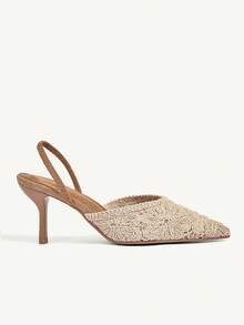 CUCCOO CHICEST 女款米色鉤編蕾絲尖頭穆勒高跟鞋，綁帶小貓跟涼鞋，優雅穿搭鞋，適合新娘穿著與波希米亞派對 - 杏色 - 查看 2