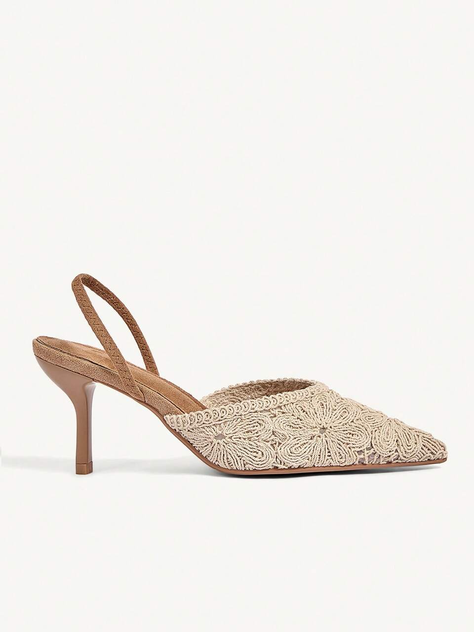 CUCCOO CHICEST Ladies Beige Crochet Lace Pointed Mules Heels, Strap Kitten Heel Sandals, Elegant Wear Shoes, Suitable For Bridal Wear And Bohemian Parties Fall Shoes