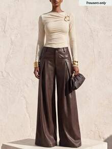Zivah Women's Fashion Hot Girl PU Material Button Pleated Long Pants - Brown - View 4