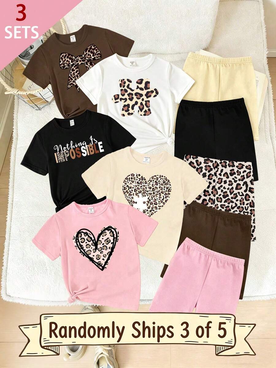 Conjunto de 3 piezas de estilo casual y de moda para primavera y verano, con personalidad creativa y de alta gama, con estampado de leopardo, parches y estampado de letras gráficas, con un estilo relajado y de vacaciones, camiseta básica + pantalones cortos de ciclista, cómodo para uso diario, adecuado para niñas en primavera, verano y otoño - Multicolor - Ver 1