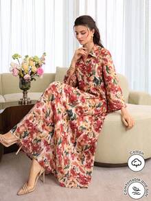Yasmyna 領口前開扣棉質印花多色長版襯衫 - 紅色 - 查看 1