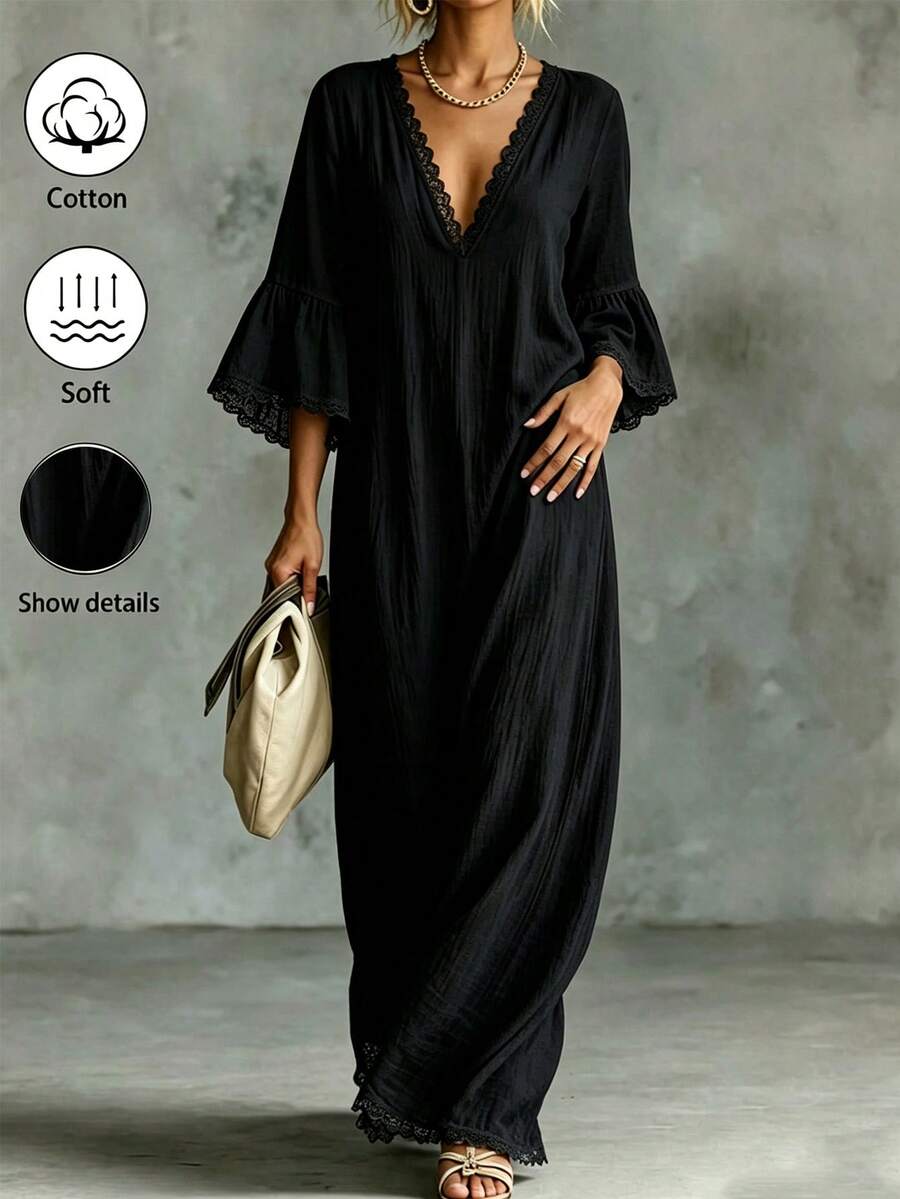 Everyssa Women's Traceable Cotton Black V-Neck 3/4 Ruffle Sleeve Long Dress Beach Summer Boho Casual - Black - View 1