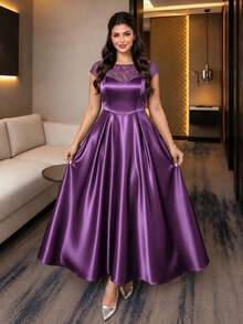 SHEIN Lady CURVE Plus Size Women's Lace Patchwork Elegant French Style Evening Formal Wedding Guest Dress For Party Wedding And Birthday Purple Summer Graduation - Purple - View 6