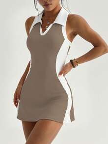 CourtClass CourtClass Vestido deportivo de golf para mujer primavera/verano con cuello polo de bloques de color, patchwork de bloques de color lateral, espalda de corredor, diseño ajustado, pantalones cortos interiores separados y bolsillos, adecuado para uso casual, correr, yoga, gimnasio, tenis, golf - Caqui - Ver 4