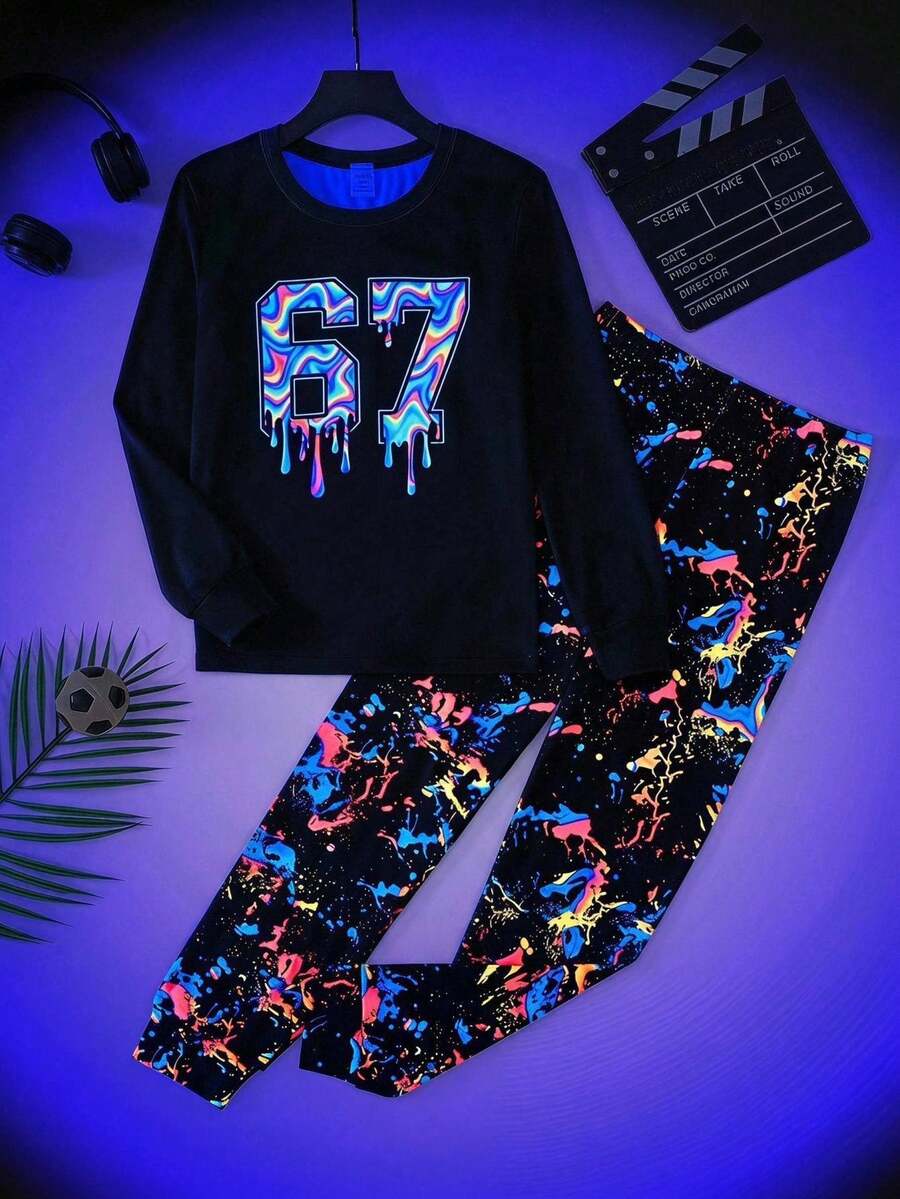 SHEIN 2件組兒童青少年男孩休閒日常舒適67號印花圓領套頭睡衣上衣與長褲針織居家服套裝 - 彩色 - 查看 1