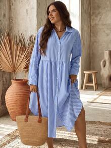 EMERY ROSE Plus Size Women's Light Blue Drop Shoulder Long Sleeve Button Front Loose Shirt Dress Casual Going Out Vacation Formal Hawaii Elegant Autumn - Multicolor - View 5