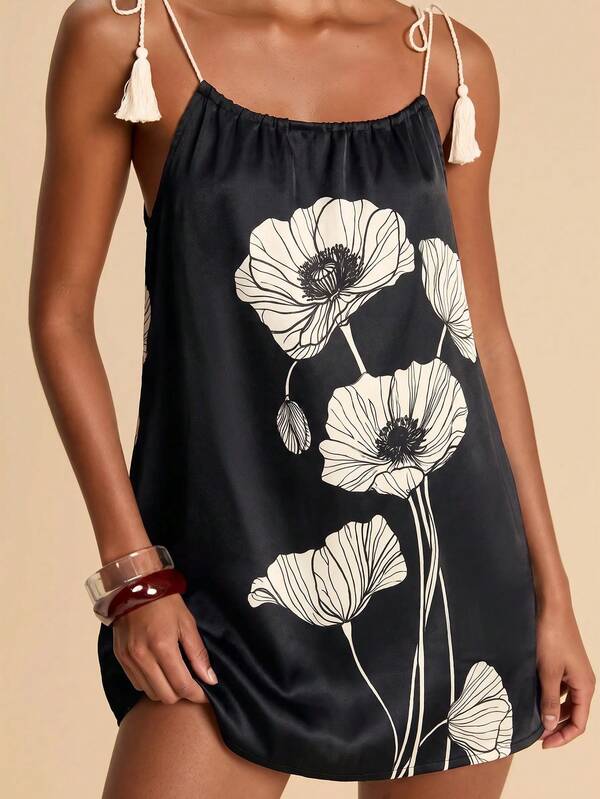 Travachic Women's Floral Print Shoulder Knot Camisole Dress For Vacation Swimsuits Bathing
