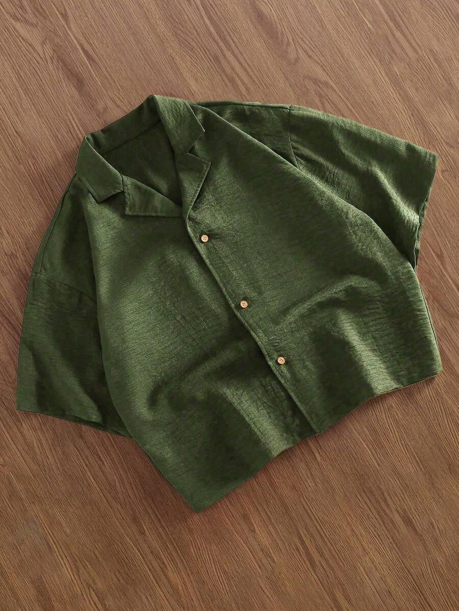 Manfinity Hypemode Men's Solid Color Lapel NeckShort Sleeve Single-Breasted Casual Shirt - Green - View 1