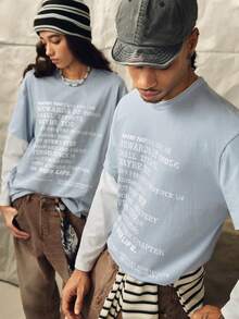 Norleigh Men's Knitted Fashion Casual Young Loose Long Sleeve T-Shirt With English Print Patchwork - Blue - View 9
