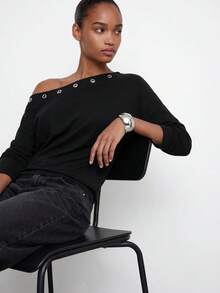 Maija Women's New Asymmetrical Asymmetric Neckline Eyelet Design Waist Drawstring Sweatshirt, Black Casual - Black - View 5