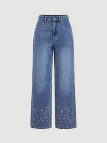 Sweetra Women's Jeans, All-Season Embroidered Sweet Casual Straight-Leg Denim Pants, Suitable For Daily Commute, Travel, Versatile Jeans - Light Wash - View 6