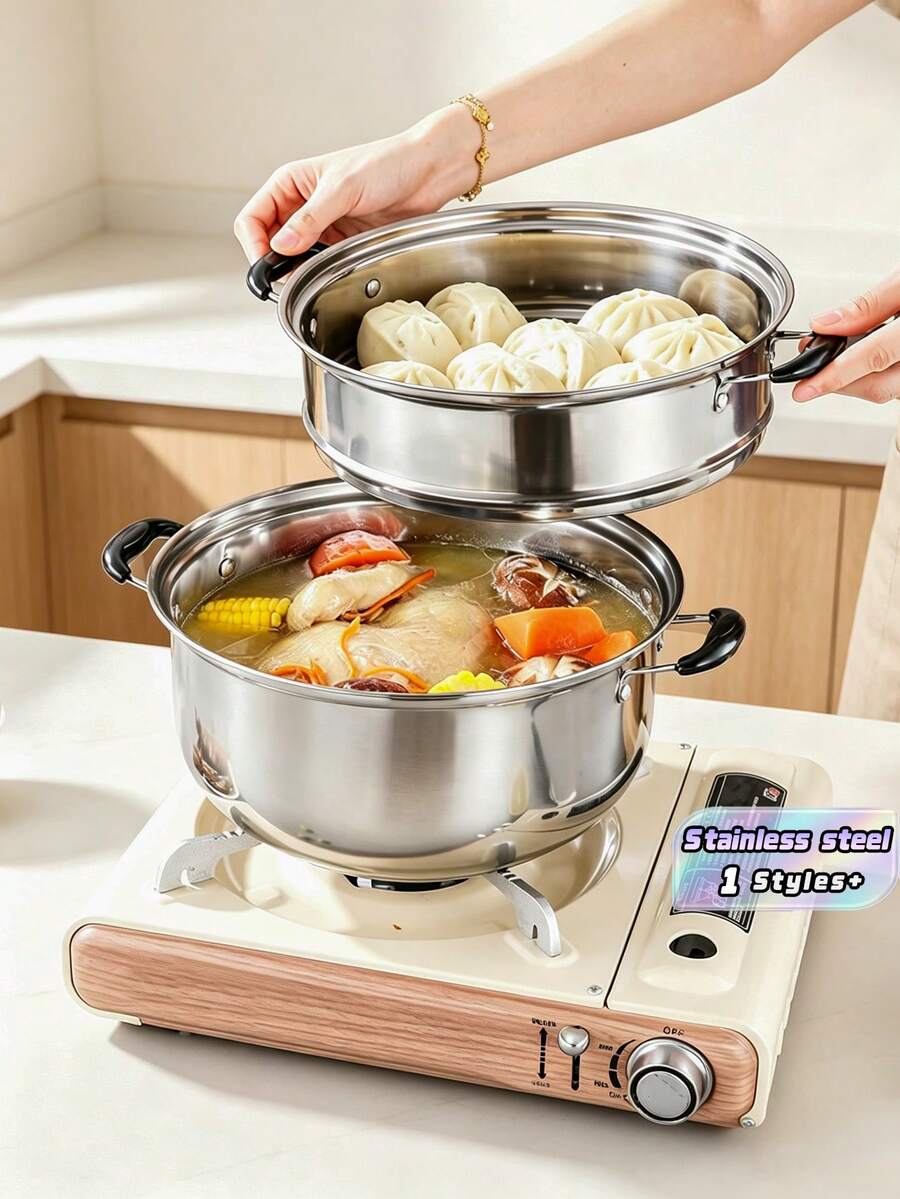 Stainless Steel Mini Steamer Set: 1 Pot +1 Steaming Rack +1 Glass Lid – Kitchen Cookware, Soup Pot & Noodle Pot, Suitable For Induction Cooktops And Multiple Heat Sources | Heat-Resistant Handles | Glass Lid Measures 17.5cm (6.89 Inches) In Diameter - View 1