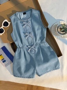 Girls' Denim Overall Shorts, Summer Washed Denim, Soft Cotton Material, Minimalist Design, Front Button Opening, Bow Detail, Versatile Fashion, Simple Yet Stylish, Suitable For Vacation, Shopping, Party Wear - Light Wash - View 7