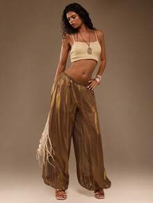 TypaGal Women's Solid Color Casual Versatile Daily Wear Wide Leg Long Pants - Gold - View 3