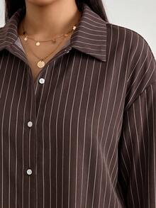Comfylo Plus Size Women's Striped Long Sleeve Top And Pants Casual Daily 2 Pieces Set Fall - Coffee Brown - View 4